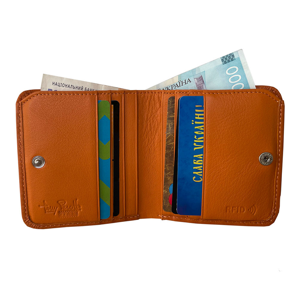 Женский кожаный мини кошелёк оранжевого цвета Tony Perotti Contatto 1858S-D+RFID arancio