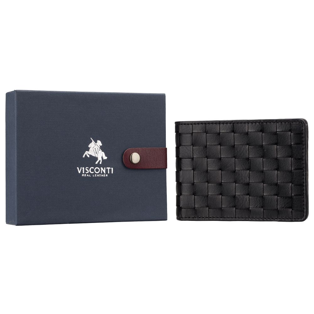 Мужской кошелёк из плетёной кожи Visconti PT105 BLK Rham